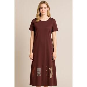 Vintage Blue Cactus Maxi Dress Size Medium Maroon Short Sleeve Southwestern USA